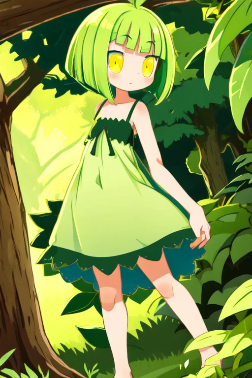 Plant Alraune Beautiful girl Green hair Bob hair Bangs Yellow eyes Round eyes Lower body is plant Flower dress Cinnamon Vine Root