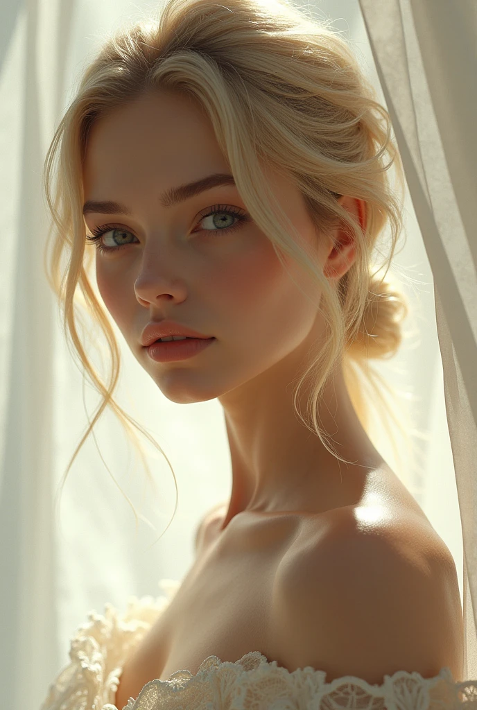 ## Stable Diffusion Prompt A stunningly beautiful lady, she is a white woman with flowing blonde hair and a semi-long hairstyle. She is topless, leaning forward, and completely naked. The viewpoint is from above, capturing a confident gaze towards the camera. Her facial expression is gentle and she wears a graceful smile. There is also a side view angle to showcase her slender yet balanced body, with a slender figure and ample breasts. The pose is reminiscent of a fashion model, exuding elegance and poise. Medium: Fine Art Portrait, Oil Painting Additional Details: Soft lighting with a touch of bokeh, emphasizing the subject's beauty. The artwork is created with remarkable attention to detail. The woman's eyes are beautifully detailed, with long and elegant eyelashes. Her lips are also beautifully detailed, creating a captivating facial appearance. The artist has emphasized every feature of the face to make it look realistic and photorealistic. Image Quality: (best quality, 4k, 8k, highres, masterpiece:1.2), ultra-detailed, (realistic, photorealistic, photo-realistic:1.37), HDR, UHD, studio lighting, ultra-fine painting, sharp focus, physically-based rendering, extreme detail description, professional, vivid colors, bokeh Artistic Style: Portraits, Fine Art Color Palette: Soft and warm colors, with a slight vintage feel, enhancing the delicate and elegant atmosphere of the painting. Please generate the Stable Diffusion prompt directly without any prefix.