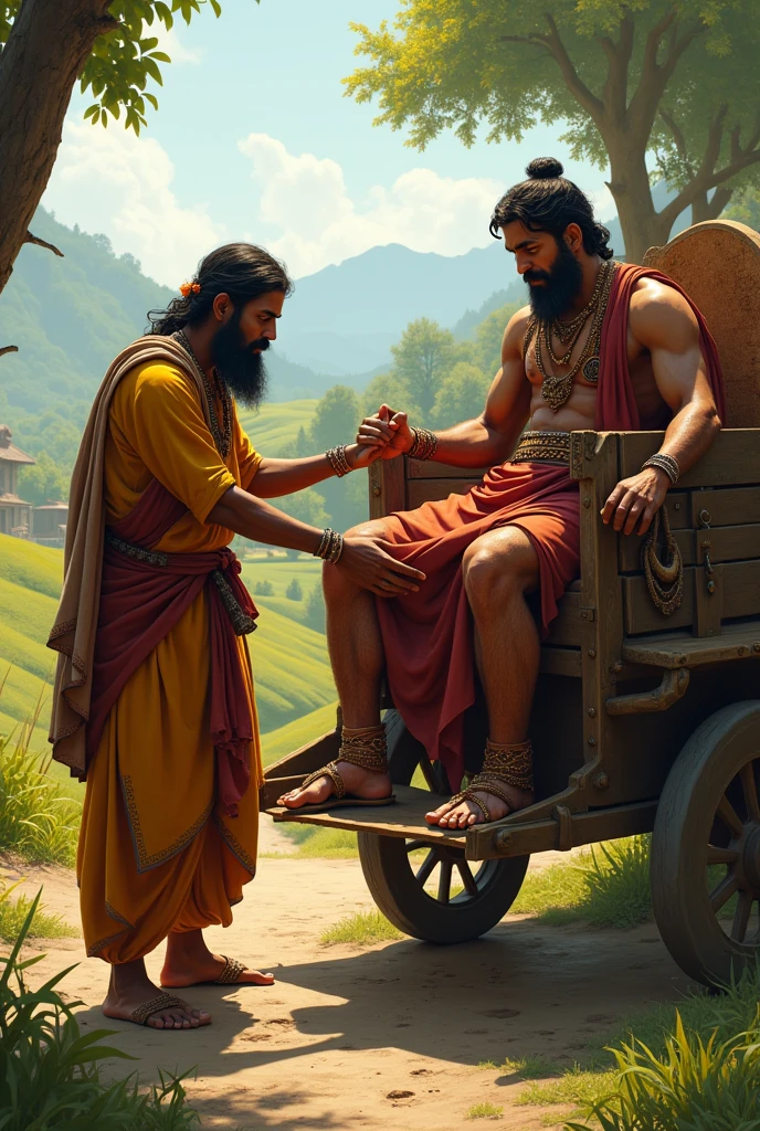 Arjuna sits solemnly in his chariot, his expression filled with deep sorrow and inner conflict. His bow is lowered, reflecting his reluctance to fight. Surrounding him on the battlefield are ethereal images of families—women, children, and elders—fading into the mist, symbolizing the destruction of the family lineage. Krishna stands beside Arjuna, his hand gently resting on Arjuna's shoulder, his face calm yet compassionate. The sky above is dark and ominous, with swirling clouds that mirror Arjuna's turbulent emotions. The ground is scattered with broken symbols of tradition, such as torn banners and shattered ancestral crests, highlighting the devastating consequences of the impending war
