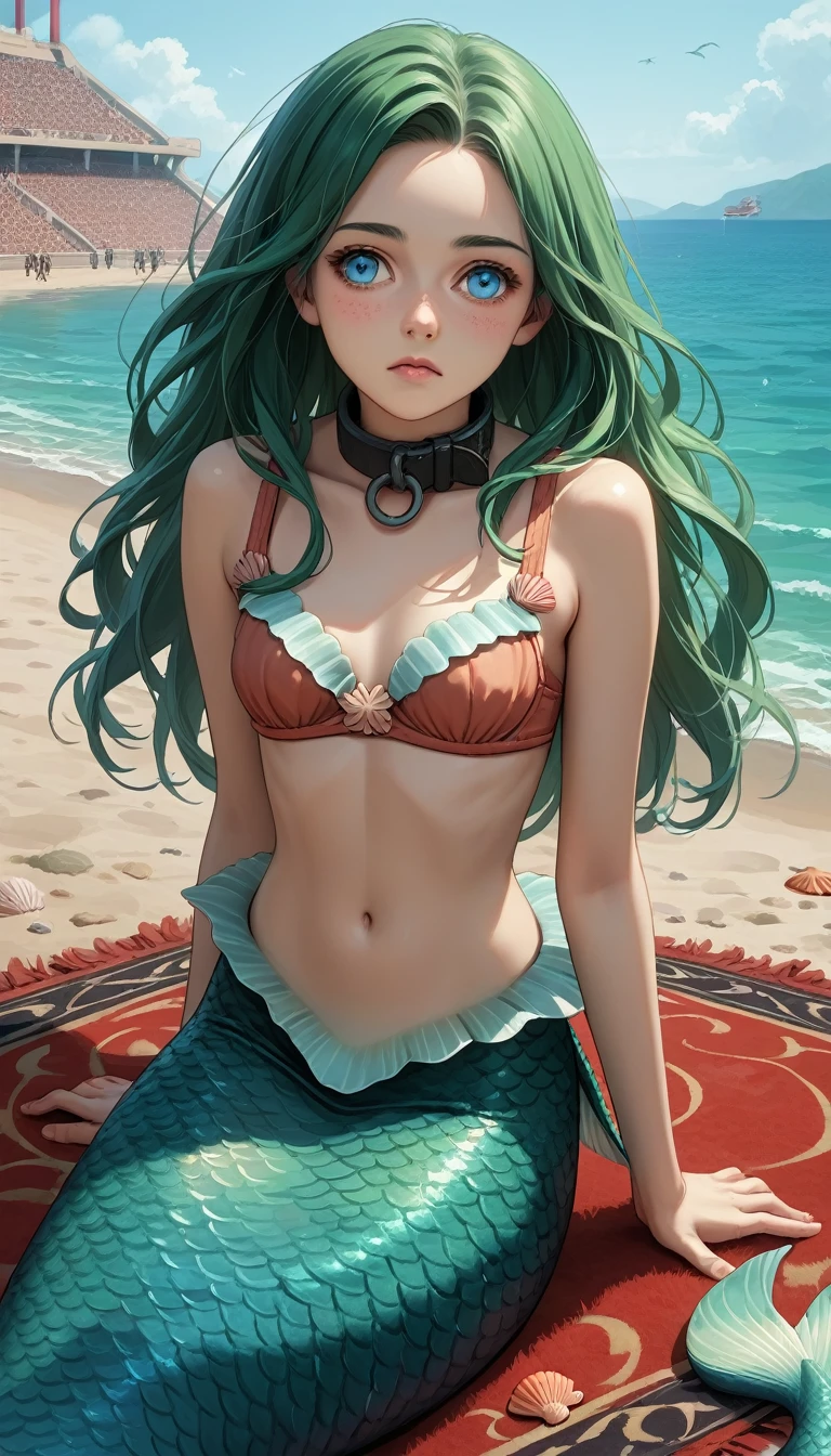 (zPDXL2), (PonyXLV6_Scores), source_anime, source_mermaid, solo, three-quarter portrait, front view, looking to viewer, 
1girl,  mermaid,  deep sea mermaid,  ocean blue eyes,  long seafoam green hair,  slender body,  small perky breast,  melancholy face expression,  slave collar,  seashell bra,  fish tail,  iridescent scales,  slave market background,  masterpiece,  best quality,  extremely detailed 