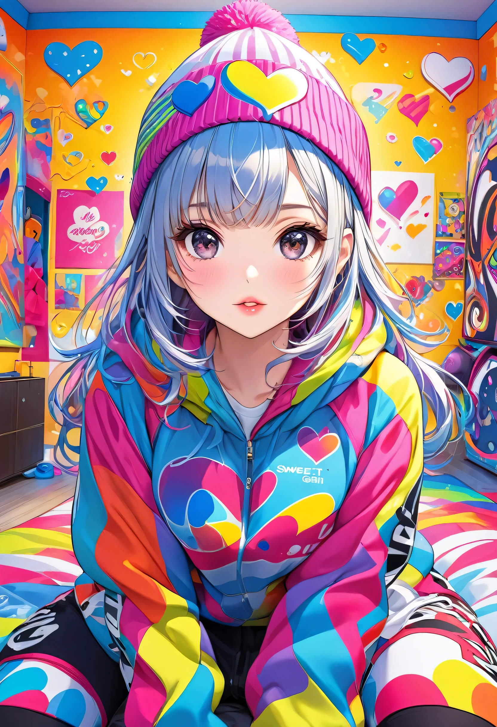 Ultra-realism Mai Yoneyama colorful style, Simple Line Initialism，Abstract art，(((The most beautiful girl of all time))), Sweet face. Lips in love, colorful hearts, stylish design, sports fashion, Dark Eyes, (((Holiday Room))), (((Cute amoeba)))