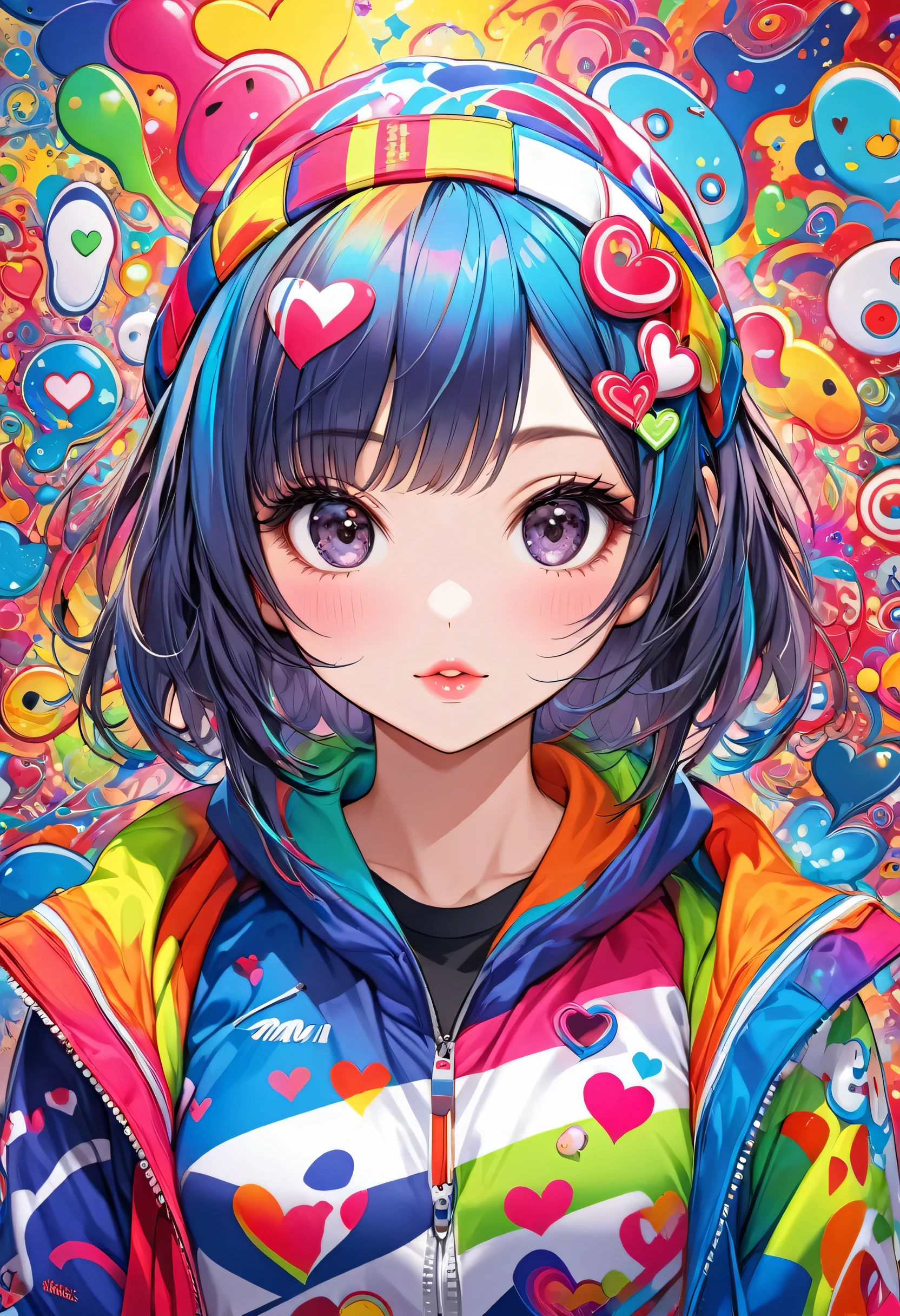 Ultra-realism Mai Yoneyama colorful style, Simple Line Initialism，Abstract art，(((The most beautiful girl of all time))), Sweet face. Lips in love, colorful hearts, stylish design, sports fashion, Dark Eyes, (((Holiday Room))), (((Cute amoeba)))