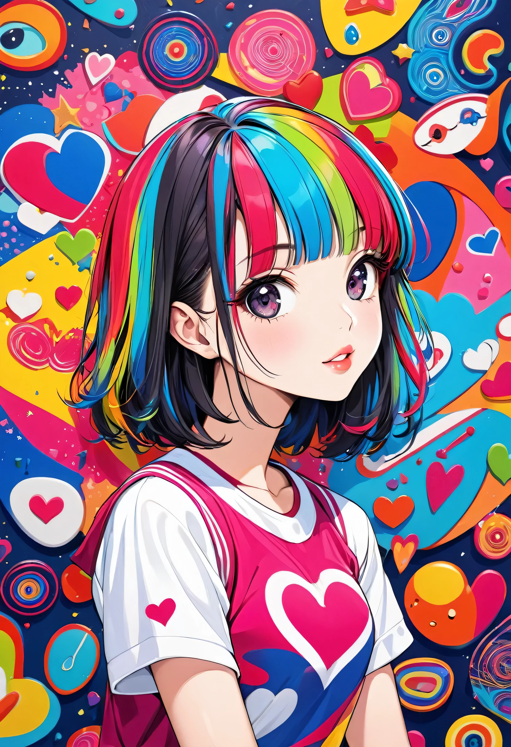 Ultra-realism Mai Yoneyama colorful style, Simple Line Initialism，Abstract art，(((The most beautiful girl of all time))), Sweet face. Lips in love, colorful hearts, stylish design, sports fashion, Dark Eyes, (((Holiday Room))), (((Cute amoeba)))