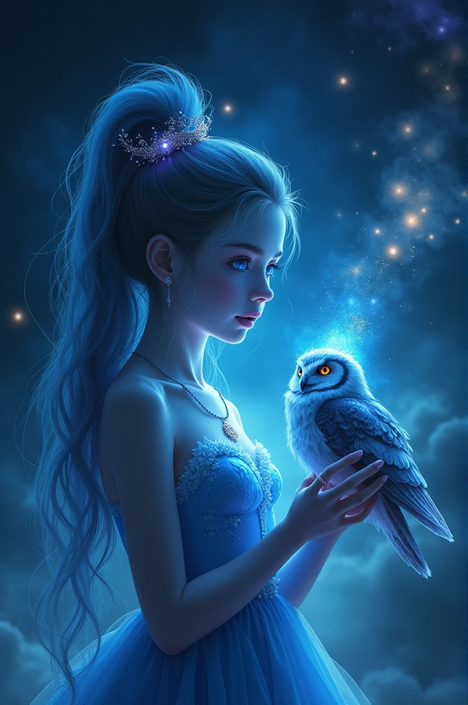 (beste-Qualit, tmasterpiece), (portraite of a, Young woman and owl), the pose, particle, the wind, flower, upper-body, Night Eclipse Background, looking a viewer, Long straight blonde hair, detailed blue eyes, Medieval blue princess dress, galaxy, back light, rimlight, A beautiful work of art, Perfect composition