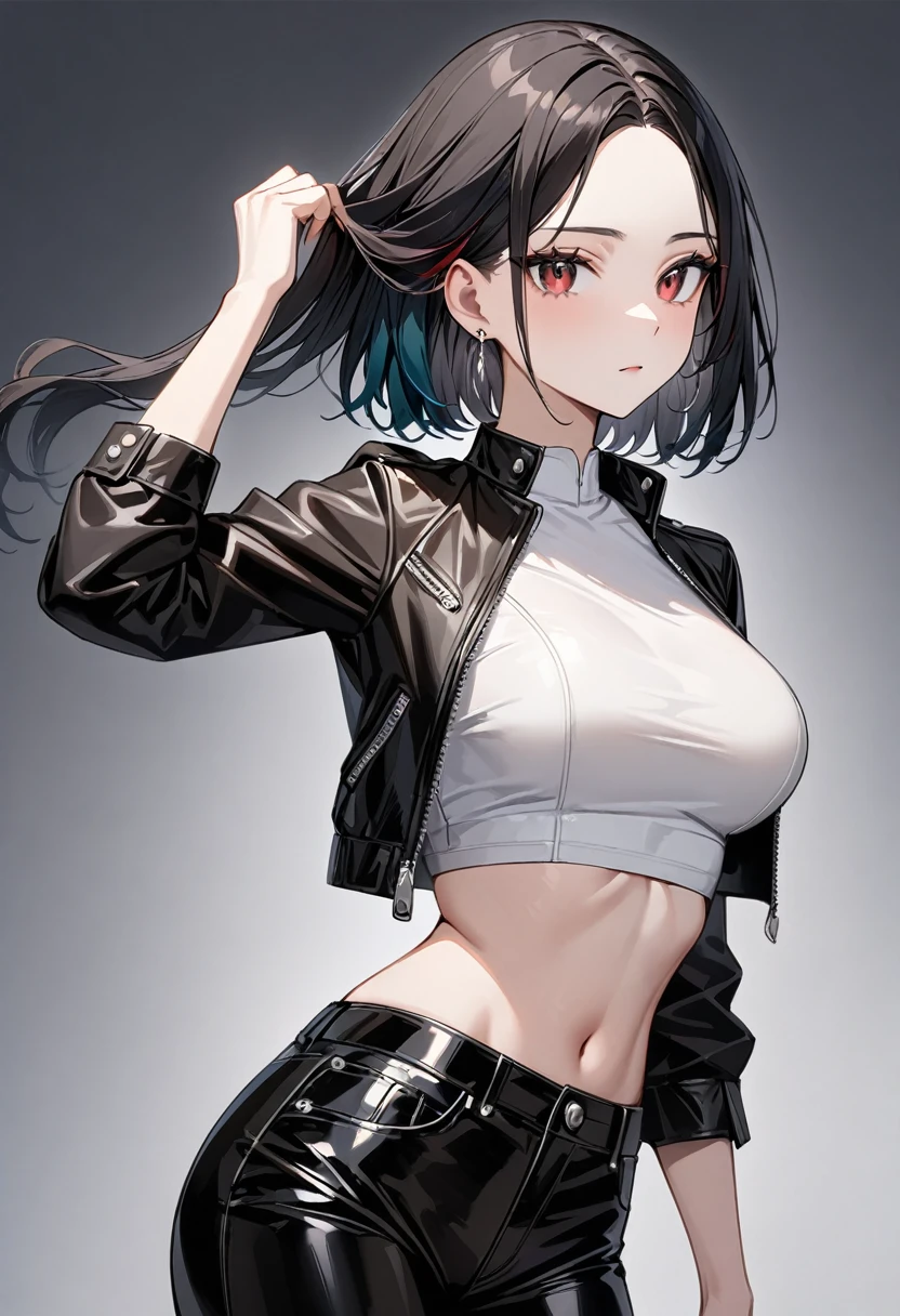 ultra-definition, ​masterpiece, 1girll, 22yo, korean girl, soothing tones, muted colors, high contrast, (natural skin texture, hyperrealism, soft light, sharp), dynamic pose, (high single_hair_bun:1.2), light brown hair, large chest, very thin waist, wide pelvis, medium hips, black leather jacket, Jacket without closure in the front, cropped_jacket, no bra, black leather pants, tight leather pants, necklaces, eardrop, Black leather gloves