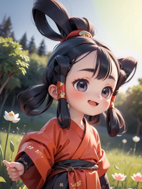 (Superflat, Flat Shading)，最high quality、high quality、Very ，Very short stature，，Very short stature，smile，Moonlight meadow、Lotus flowers，moonlight、Short cute kimono，cute loincloth，Bruises and gestures，