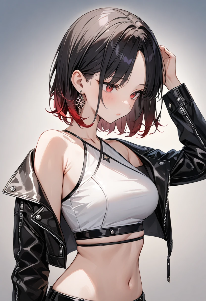 (8K、Highest image quality、highest quality、masterpiece)、detailed face、((one loli))、black hair、short hair、gray eyes、evil smile、open your mouth、((jagged teeth))、small breasts、Black military cap、((black jacket))、off shoulder、((black tube top))、((strapless))、shiny、((mini pencil skirt))、cowboy shot、brick wall background
