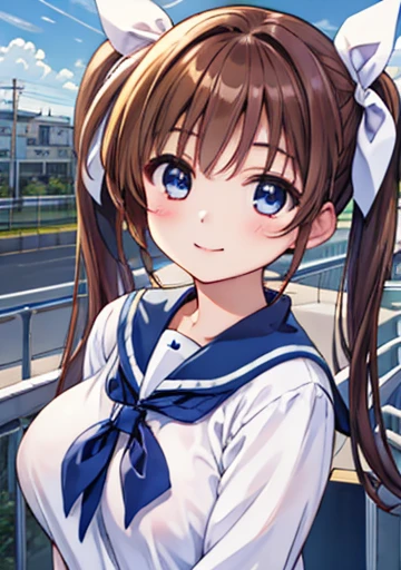 Ultra-detailed, High resolution, 8Ｋimage、Nanoha,(Realistic, Realistic: 1.4),One Girl、Yankee、solo、Takamachi、Brown haired、blue eyes、Twin tails、Sailor suit, White Uniform、Magic 、Mouth closed、Serious face,The absolute standard is the stomach、Cowboy Shot、look up、Smiling at my friend Fate-chan...,Large Breasts