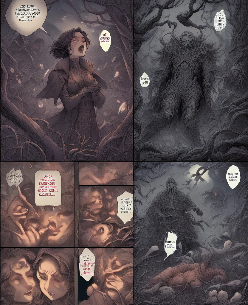 Erotic 6-panel comic, demonic succubus slowly seducing a cleric and grabbing his cock, fantasy comic, 6 panels, detailed textures, full colour, multiple panels, infernal, primal instinct,  gothic style, grimdark, desparate, insemination, corruption of the innocent, coitus