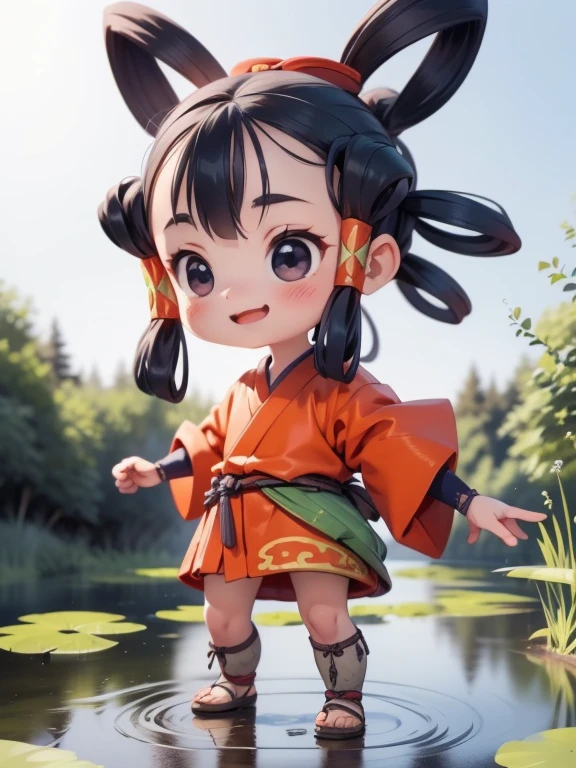 (Superflat, Flat Shading)，最high quality、high quality、Very ，Very short stature，，Very short stature，smile，Large pond in the moonlight、Lotus flowers:1.2，moonlight、Short cute kimono，cute loincloth，Bruises and gestures，