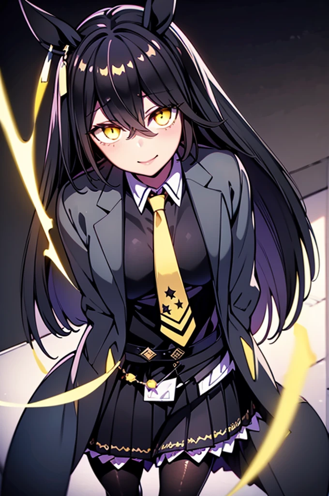 masterpiece, Highest quality:1.2), Manhattan Cafe(umamusume), One Woman, Mature Woman, alone,Glowing Skin、Yellow Eyes、Eyes without highlights、Thick legs、Are standing、Cowboy Shot、smile、Black Skirt,Black Business Shirt、Yellow tie,Black jacket,pantyhose