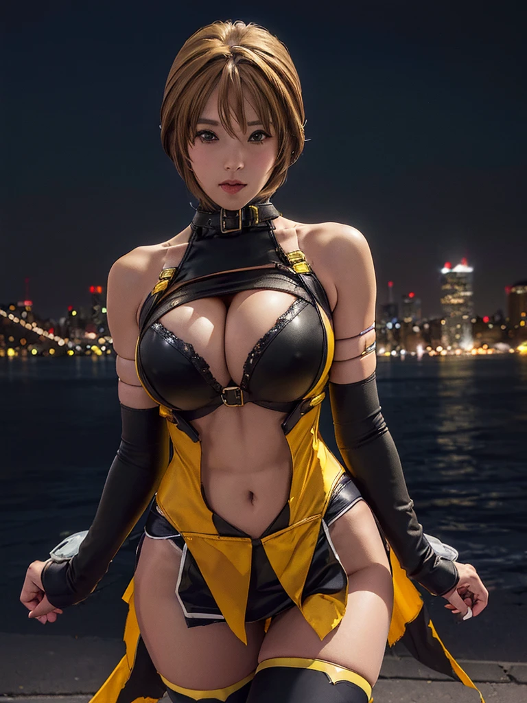 takamori haruka、最high quality、high quality,, ((Masseter muscle area)), ((High resolution)), ((最high quality)), detailed, ((Glowing Skin)), (Tattered shiny yellow bondage gear, Black hot pants, Long boots in black color), Voluptuous bust, exposed navel, Bowl-shaped big breasts, (View from the front、Looking at the audience:1.5)、((background:Night in the city:1.4))