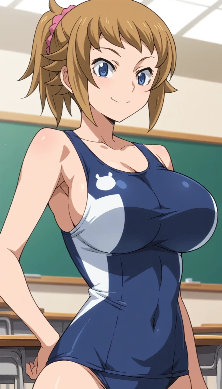 Score 9, Score 8 up, Score 7 up, The evaluation is questionable,
Detailed Background, Glowing Skin,Fumina Hoshino, Fumina Hoshino, blue eyes, Brown Hair, ponytail, Scrunchie, Sexy pose,Are standing,Huge breasts,Not enough people,whole body,thin,smile,from the front,Daytime,In the classroom,Anime Style,high quality,masterpiece,Very detailed,Japanese,School Swimsuit