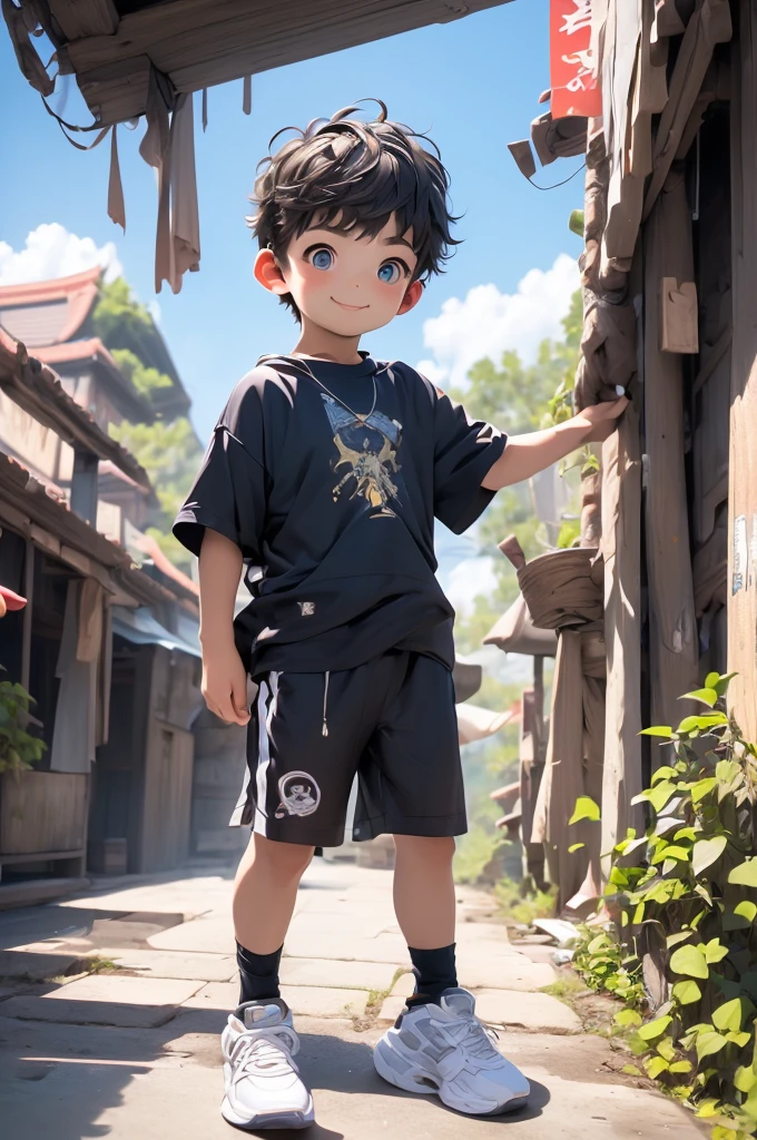 (Shota:1.5),(((Highest quality))),(((masterpiece))),(((Very detailed))),(((High resolution))),One person,Short sleeveＴshirt,Short shorts,White socks,Blue sneakers,Cheerful boy,Japanese,Very Short Hair,Black Hair,(Point pupils),Skinny body,Baby Face,smile