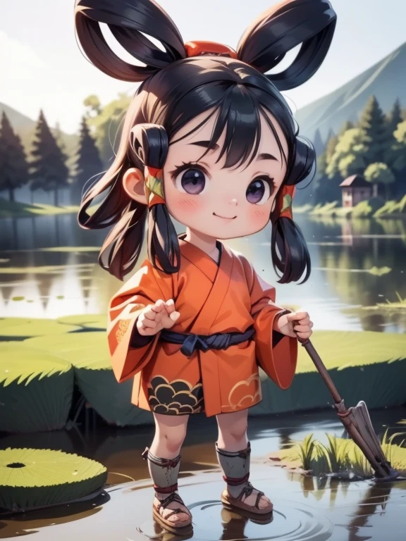 (Superflat, Flat Shading)，最high quality、high quality、Very ，Very short stature，，Very short stature，smile，Large pond in the moonlight、Lotus flowers:1.2，moonlight、Short cute kimono，cute loincloth，Bruises and gestures，