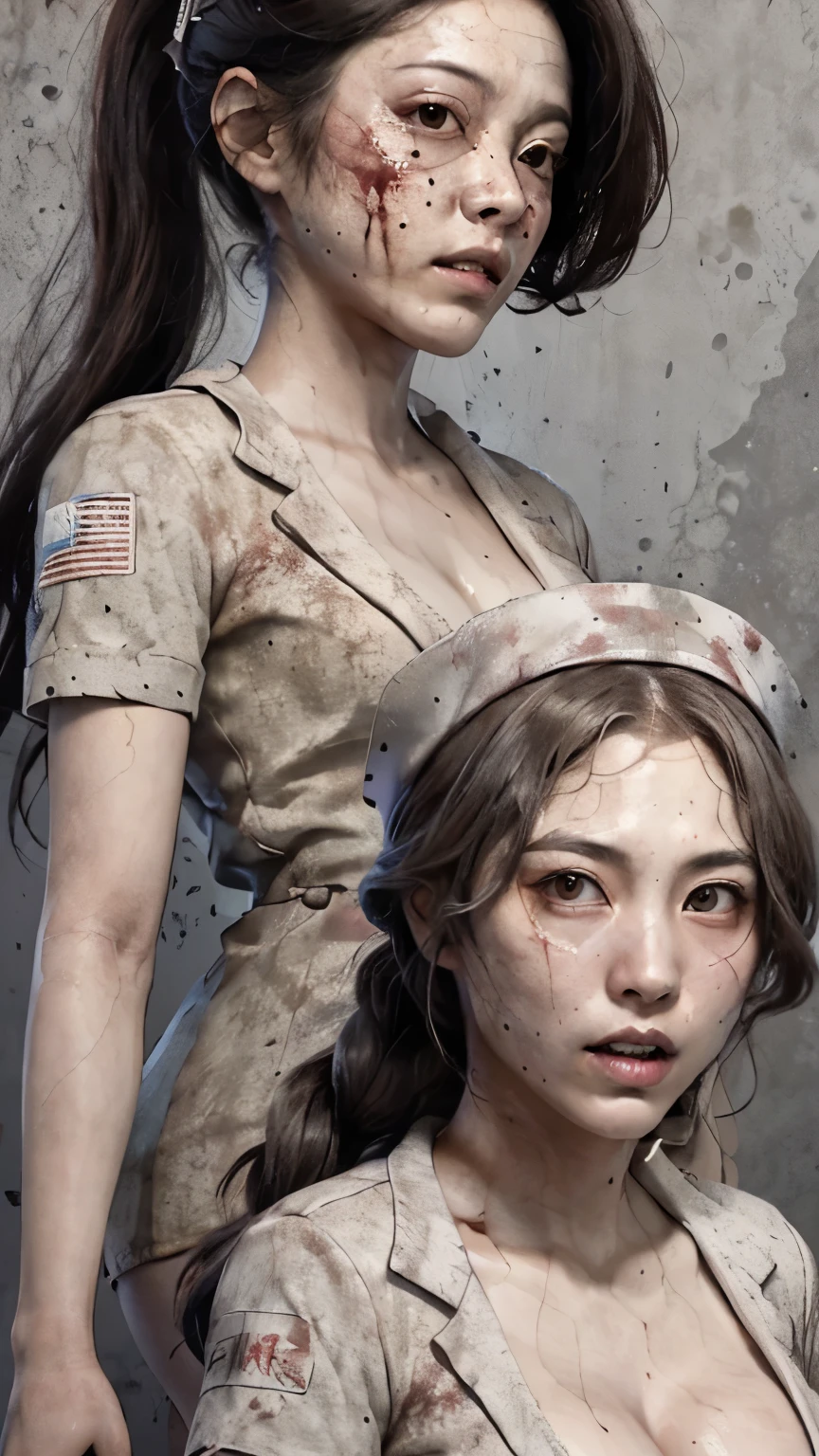 ((top quality, 8 thousand, masterpiece:1.3)) Two Korean women in their 20s,  Pale and white skin, Tangled black hair, Blood, severe dark circles, Bloodstained white nurse uniform, black lips, Corruption, Fog,  dim lighting, nurse, abandoned hospital, (big bust : 1.1), (thick thighs: 1.4)