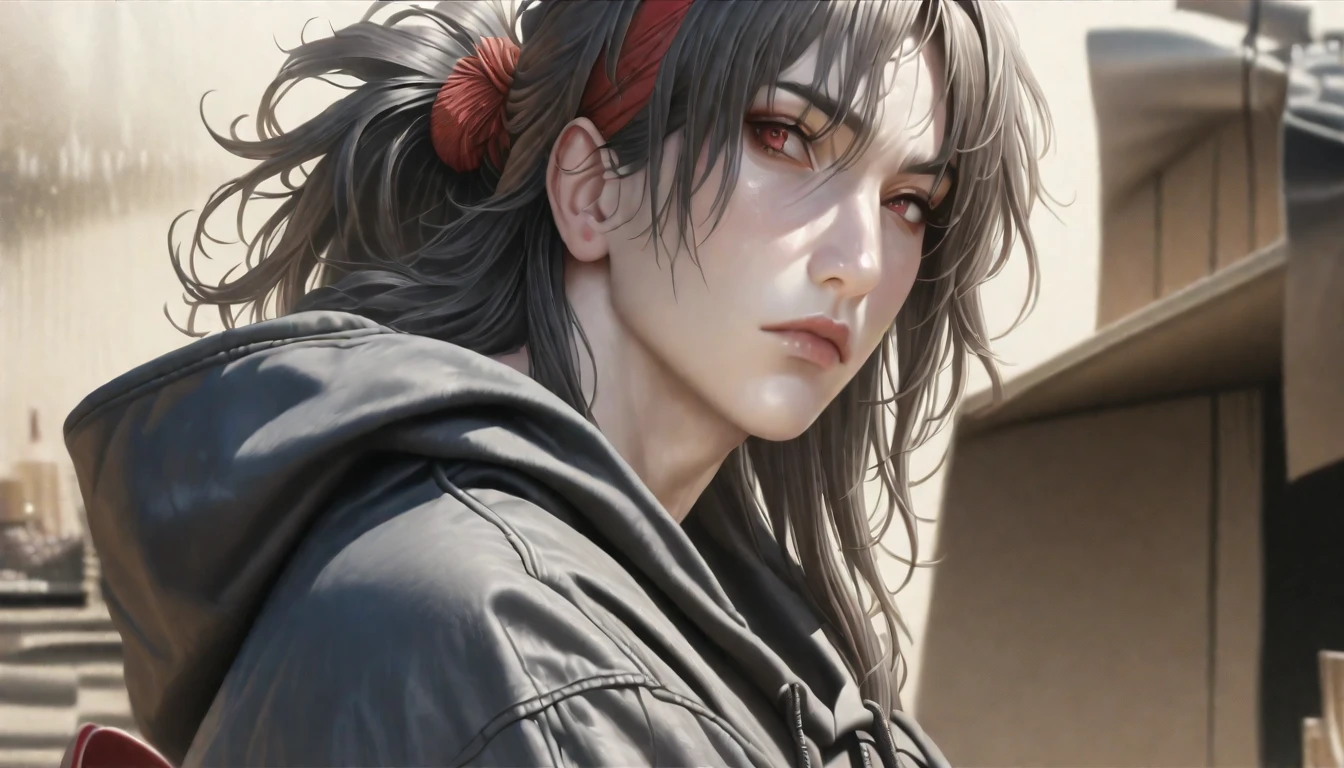 a handsome young man, beautiful detailed eyes, beautiful detailed lips, extremely detailed eyes and face, long eyelashes, black hair, red hair highlights, bob hairstyle, ponytail, straight hair, bangs, decent face, red eyes, soft expression, oversized black hoodie, black sunglasses, oversized black trousers, gold necklace, geta sandals, pure white background, (best quality,4k,8k,highres,masterpiece:1.2),ultra-detailed,(realistic,photorealistic,photo-realistic:1.37),portrait, high resolution, front view close-up, long hair, background blur, food item, black hair band