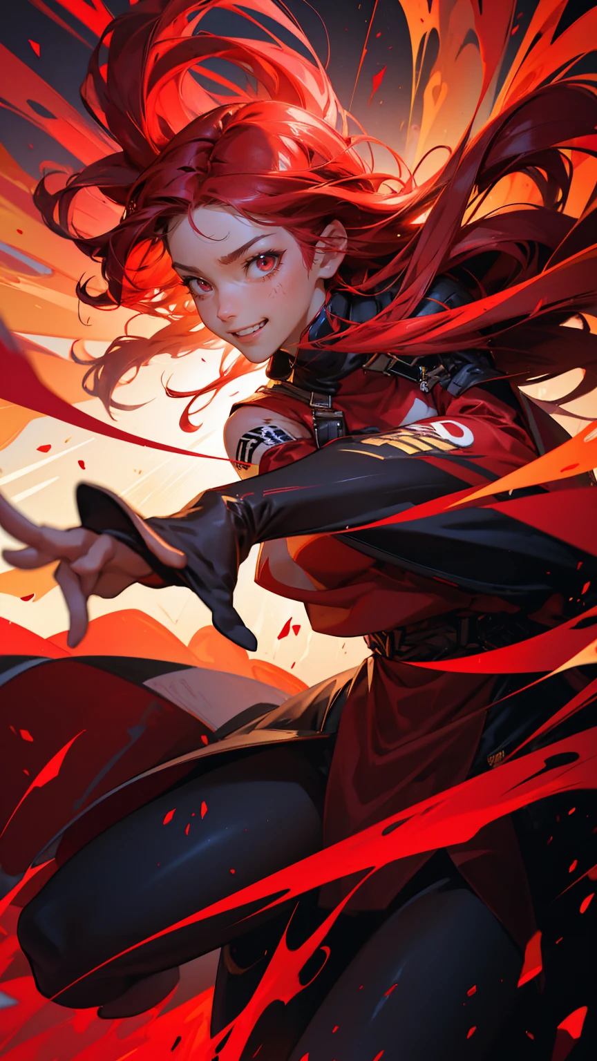 A dynamic scene featuring a 20-year-old Japanese anime-style woman embodying spontaneous action and fearless determination. She's mid-leap, her body stretched out in an explosive burst of energy, arms outstretched and fingers spread wide. Her eyes are alight with excitement, a huge grin spread across her face. Long, flowing hair trails behind her in shades of vibrant crimson, creating a fiery streamer effect. She's wearing a stylish, modern outfit in various tones of red, from bright scarlet to deep burgundy, with design elements suggesting speed and motion. The background is a whirlwind of red and gold streaks, implying rapid movement and split-second decision-making. Swirling patterns of darker red suggest the chaos of the moment, while hints of golden light emphasize the positive, thrilling aspect of this impulsive action. The entire image pulses with a sense of exhilaration and the joy of diving headfirst into a situation. Rendered in a high-energy anime style with bold linework, dynamic shading, and intense, saturated colors dominated by red and accented with gold. no text fonts letters watermark words typography slogans signature