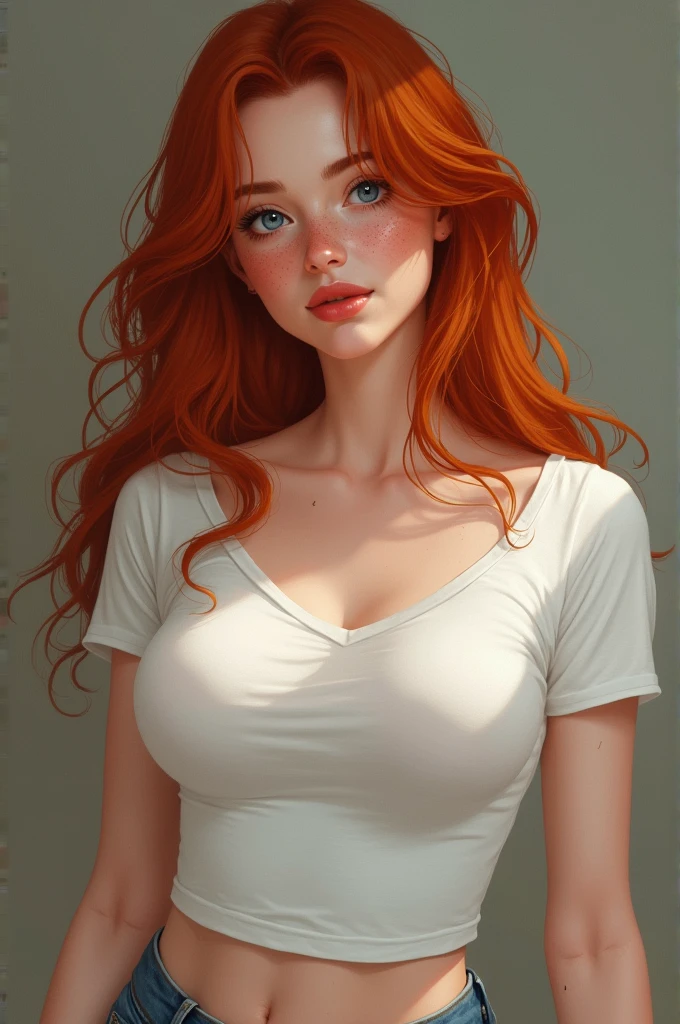 female 18 anos, long red hair, blue colored eyes, white blouse with neckline, jeans, defined waist, medium sized breasts, thick thighs, accentuated hip, Medium sized butt, na rua