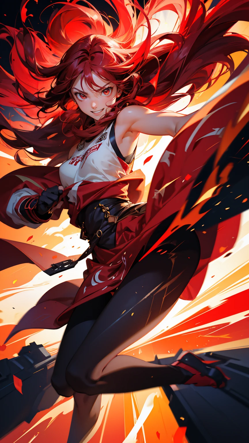 Woman, adult, long red hair, twin tails, red gliwing eyes, short black Chinese dress, large breasts, holding a katana