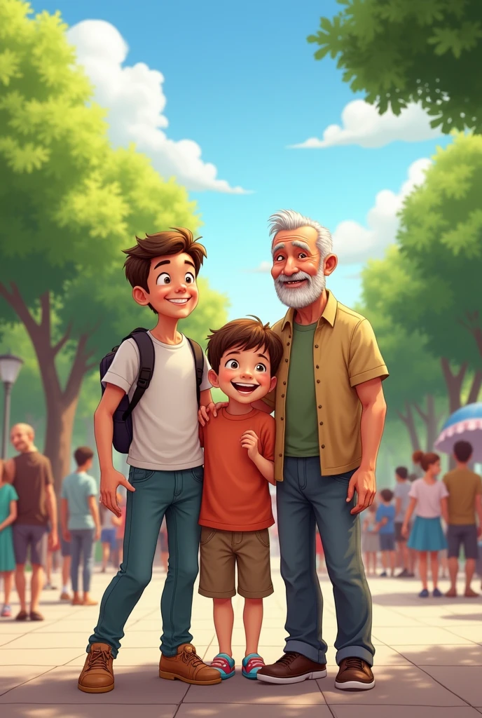 A group of children standing behind the back of an unhappy old man picking up trash in a park, laughing at him and pointing at him. 