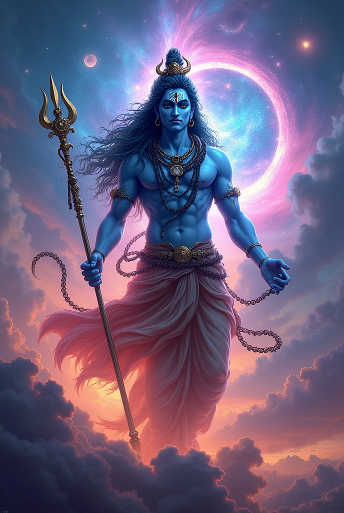 Blue skin,dreadlock hair,Male Lord Shiva,slender,pink there,a moon,,natta,lake