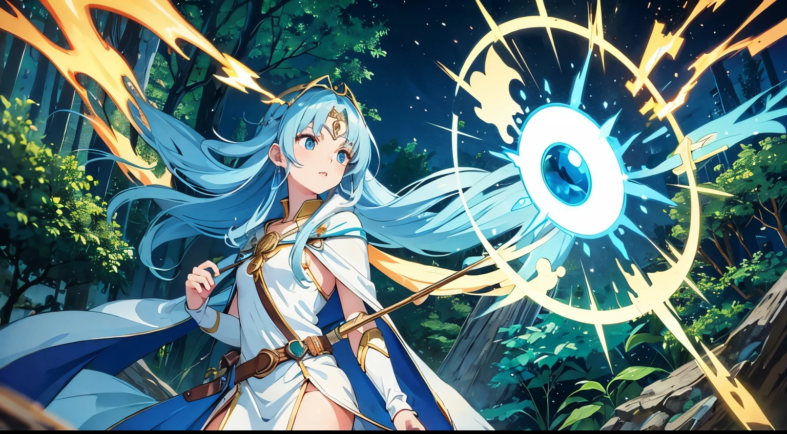 A woman with long blue hair holding a sword and a blue eye - SeaArt AI