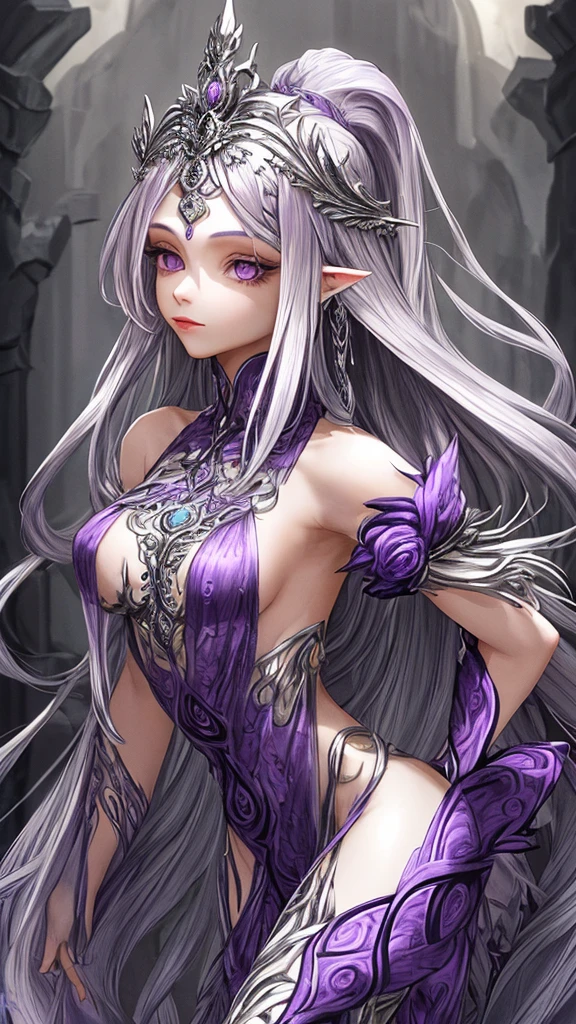 A Dark Elven Woman with White Hair and Purple Eyes (NSFW)