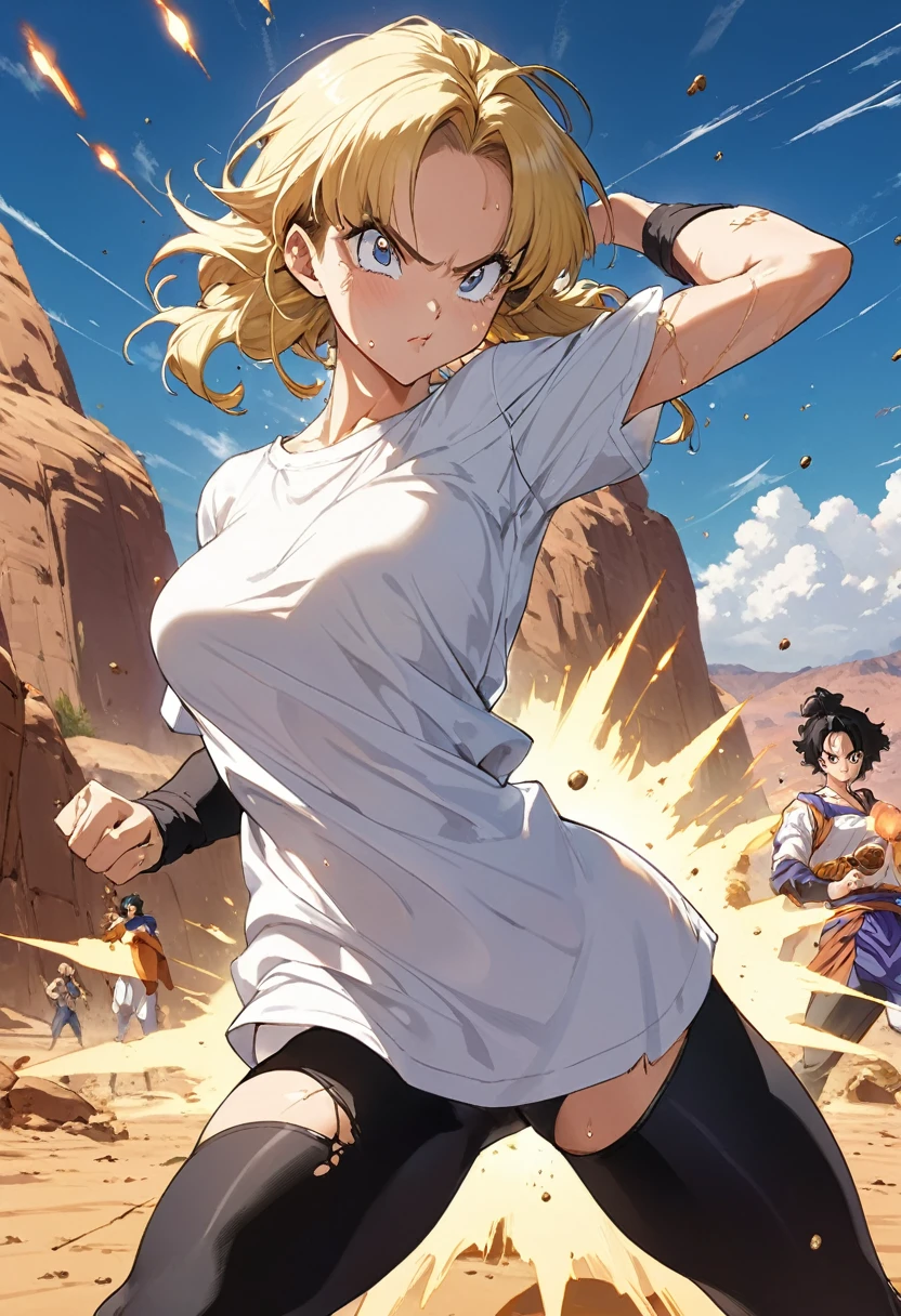 masterpiece, Highest quality, High resolution, (Videl),1990s \(style\),(E-cup beautiful breasts)、 (tall:1.2),height: 160cm,Fashion model body type,Sweating all over the body、Muscular、((sexy))、(nsfw),独奏,Anime-style painting style, blonde,   White shirt, Short sleeve, Black Long Spats,Long twin tail hair, A composition that focuses on the whole body,(Cool face)、(Pointed Eyes),Big eyes,Cinematic lighting,Ultra-fine,The background is the desert,magnificent view,Battle Scenes,A dynamic pose,Shoot energy bullets from your hands、A golden aura appears around your body,Dragon Ball concept art,Kamehameha、Dust clouds fly、Multiple injuries to the skin、Clothes get torn in places