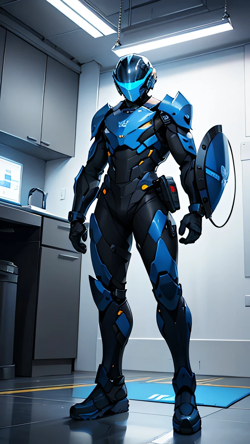 ハイテクpoliceスーツ, Futuristic Design, Armored Exoskeleton, Blue and white color scheme, Helmet with visor, Reinforced Boots, With tactical shield "police" Written in yellow, Have a high-tech device, A strong and confident pose, Are standing, Forward posture, defensive posture, Future outlook, Indoor Studio, Even artificial lighting, bright, clean focus, Sharp details, Heroic atmosphere.