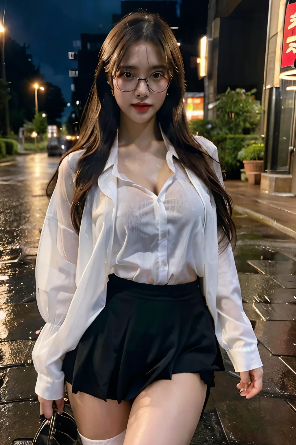 ((best quality, 8K, masterpiece: 1.3)),upper body,Thick black-rimmed glasses,Black Hair, black eye,sharp focus: 1.2, beautiful woman: 1.4, ((ponytail: 1.2)),(Silk darkmagenta long skirt、White long sleeve blouse with lace), (wet from rain: 1.3), (rain, street: 1.2), wet body: 1.2, Highly detailed face and skin texture, detailed eyes, double eyelids, White skin,E cup,smile,Financial district of the big city,Skyscraper,White skin,Wet Hair、Wet Skin、Wet clothes、smile、