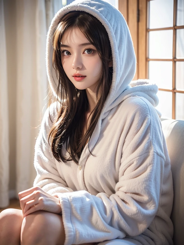 High resolution, 8k, Highest quality, detailed, One Girl, 20 year old Japanese woman, slim, Modeled, Shiny brown hair, detailedな顔, Beautiful and detailed, Glowing Skin, Hard Focus、Film Grain, Soft lighting, Looking at the audience, Laughter, (White fluffy pajamas、Wearing a fluffy white hood), Bedroom