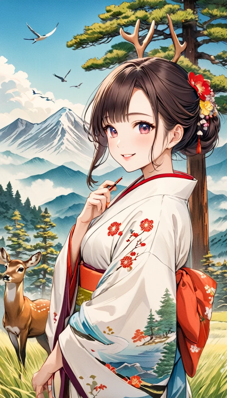 Young beautiful woman in kimono, Marugaku,Look at me and smile,  (Big Pine Tree, Mountain, deer, bird,  White cloud), Japanese painting style, Illustration art, art，advertisement，Colored pencil drawing，Draft, 