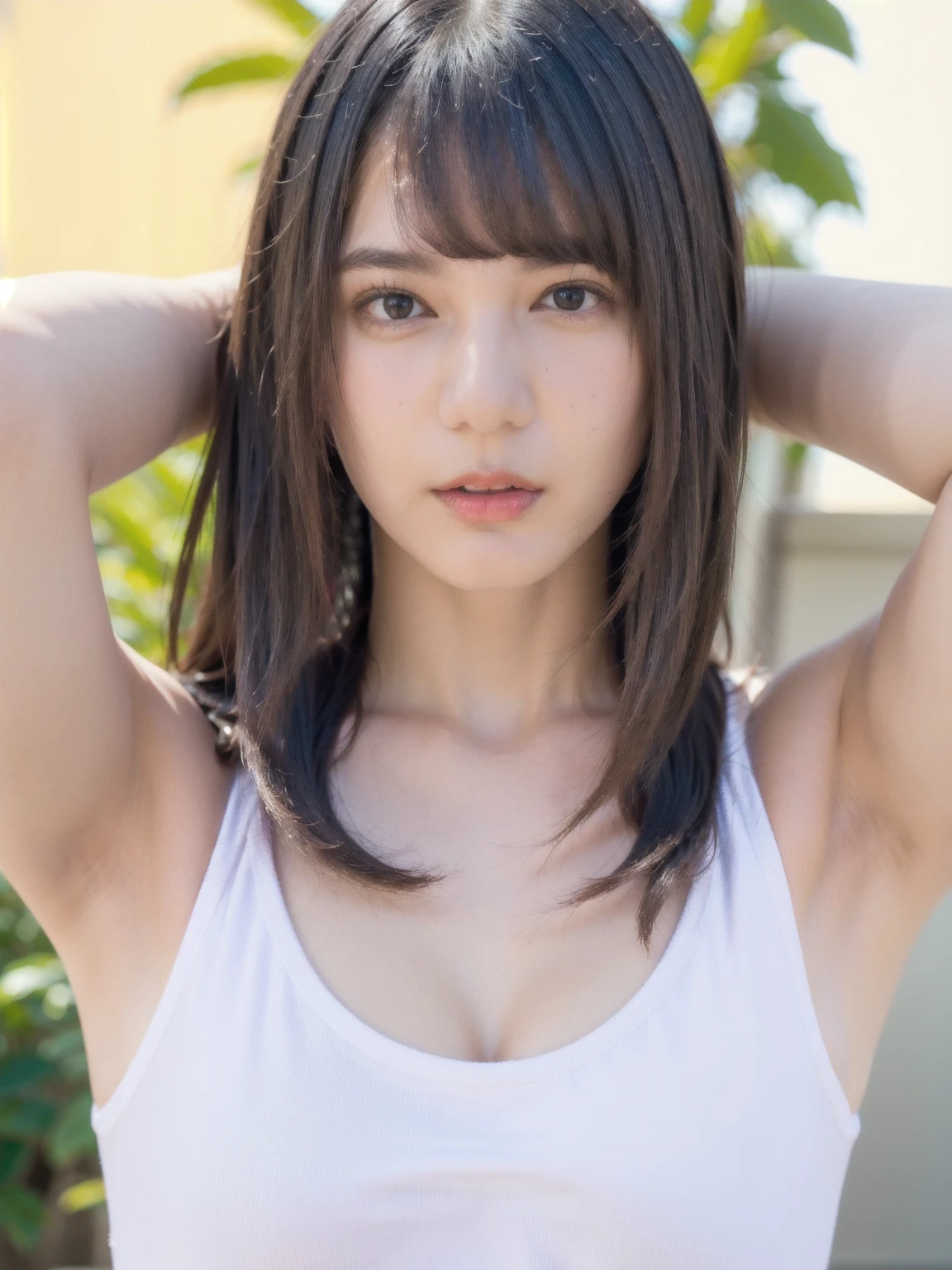 (best quality:1.4), (ultra highres:1.2), (photorealistic:1.4), (16k, RAW photo:1.2),(portrait shot:1.3), bmangpor, 1girl, solo, long hair, brown hair, upper body, white smooth armpits, one arm up, knit tank top,  big breast,