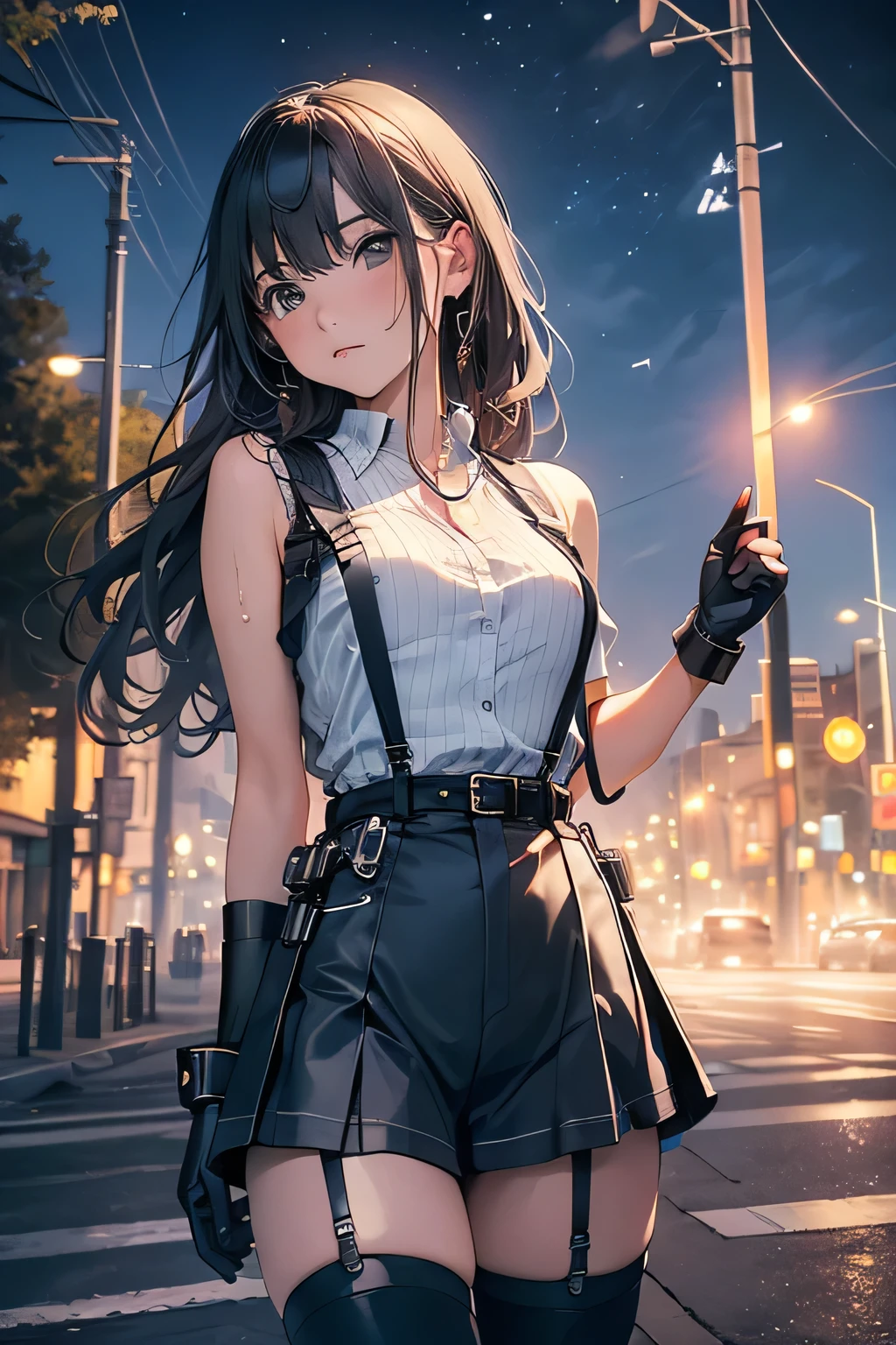 high quality, masterpiece, Ultra-high resolution, (Realism: 1.4), Oil painting style, Cinema Lighting, , I stood on the empty asphalt road and looked at it.., And suspenders with flying cranes　　Large Breasts　 　 　　　　Small face　 　　　holster　　　　　　　 Lying in bed　look up　　　　Sweat 　　　belt　buzzer　脇Sweat 　Black Hole Gloves　suit　　　　 mini skirt　garterbelt　Leg Links　Belt on trousers　　holster　 　　fold your hands behind your back　 Anxious expression　look up　Anxious face　Knee-length　Knee socks　Knee-length socks garter belt　garter　Garterbelt on thighs, hands behind back　　Constraints　handcuffs　Cable ties　Cable ties on thumbs
