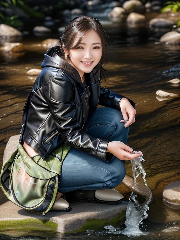 Photo-realistic quality、A woman wearing a black jacket and jeans、Crouching on a rock in the stream,  Shining in the flowing stream, Squatting near water,Water scooped up in the hand is running down the hand、looking at the camera、Detailed and beautiful eyes、Cute smile、A soft and gentle look