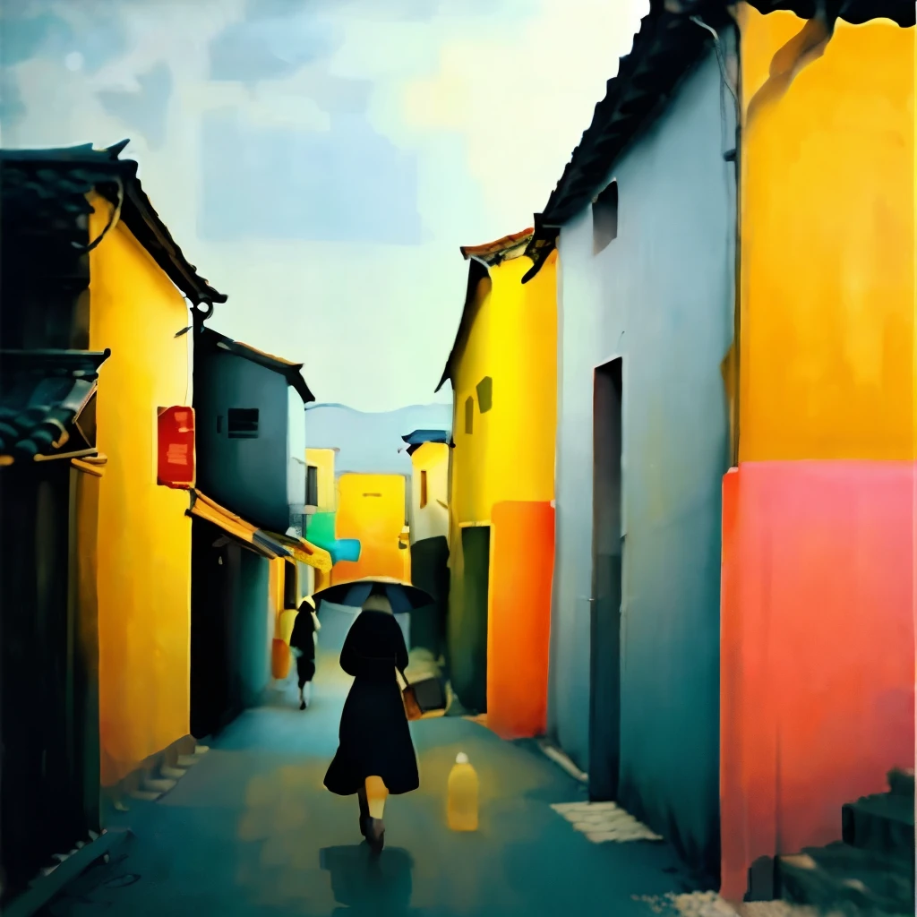 Woman walking in the yellow city、Can be viewed