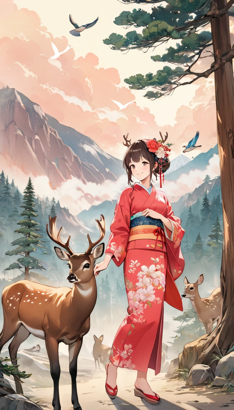 Young beautiful woman in kimono, Marugaku,Look at me and smile,  (Big Pine Tree, Mountain, deer, bird,  White cloud), Japanese painting style, Illustration art, art，Colored pencil drawing，Draft, 