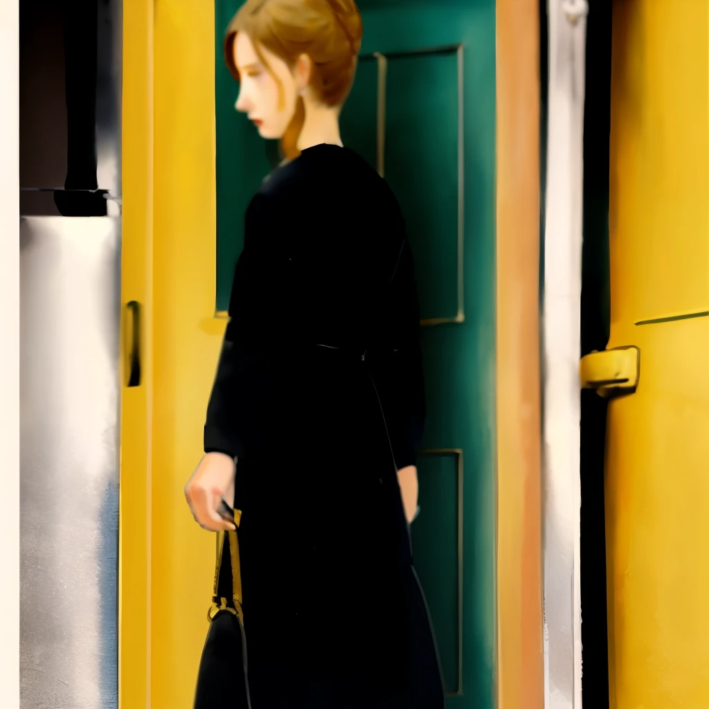 Woman closing a yellow door、Can be viewed