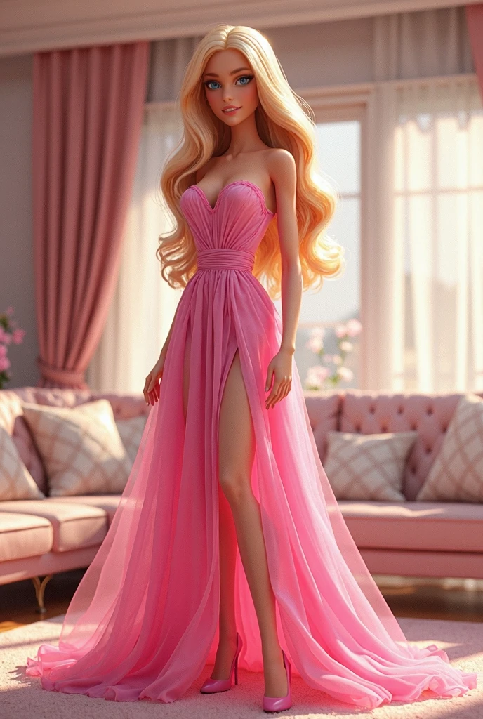 (8k, RAW photo, best quality, masterpiece:1.2), (realistic, photo-realistic:1.37), ultra high res, ultra-detailed ,full body, ((full-body shot)), woman, beautiful Barbie, detailed eyes, beautiful detailed lips, professional lighting, photon mapping, radiosity, physically-based rendering, detailed symmetrical lips, extremely detailed eyes and face, symmetrical mouth, extremely detailed face, symmetrical eyes ,detailed eyebrows, extremely detailed eyes, beautiful detailed eyes, extremely detailed face , light on face, (((beautiful pink dress))) (full body), in her Dreamhouse, looking at viewer, (((blonde hair))), ((long flowing hair)), ((fairy)), ((octane render))