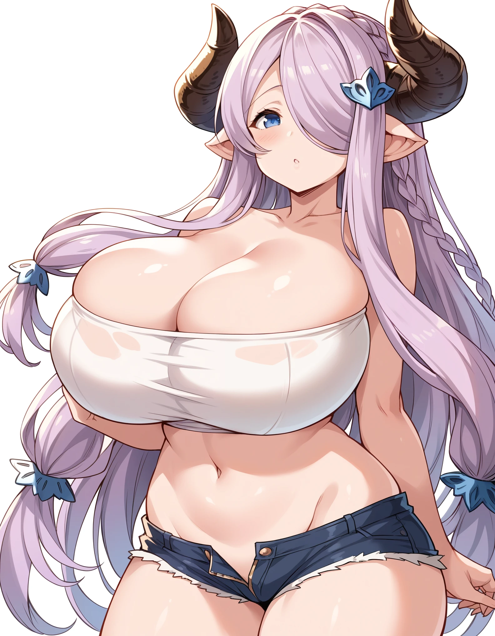 (((1 woman))), ((detailed blue eyes)), ((long silver hair)), large breasts, perfectly drawn body, narmaya, seductive smile, seductive pose, nude, best quality, masterpiece, ultra-detailed