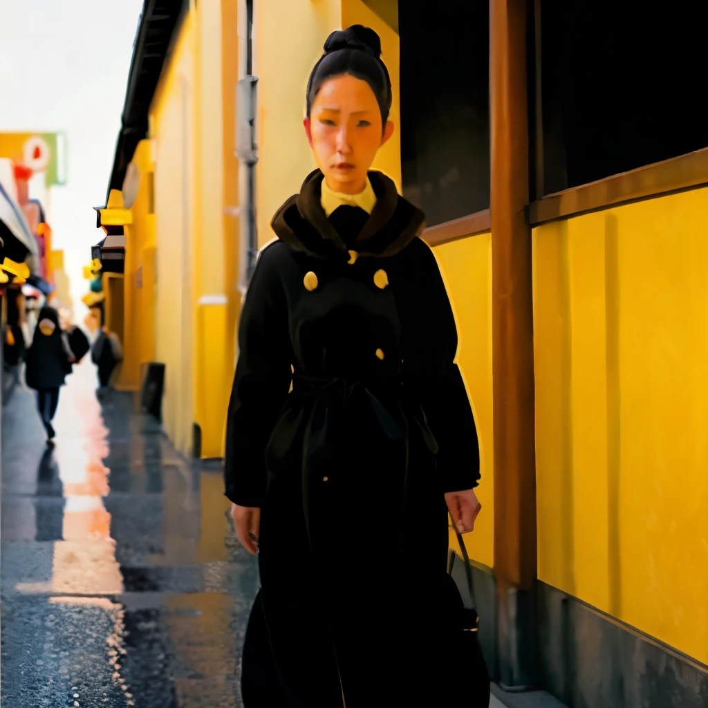 Woman walking in yellow downtown、Can be viewed