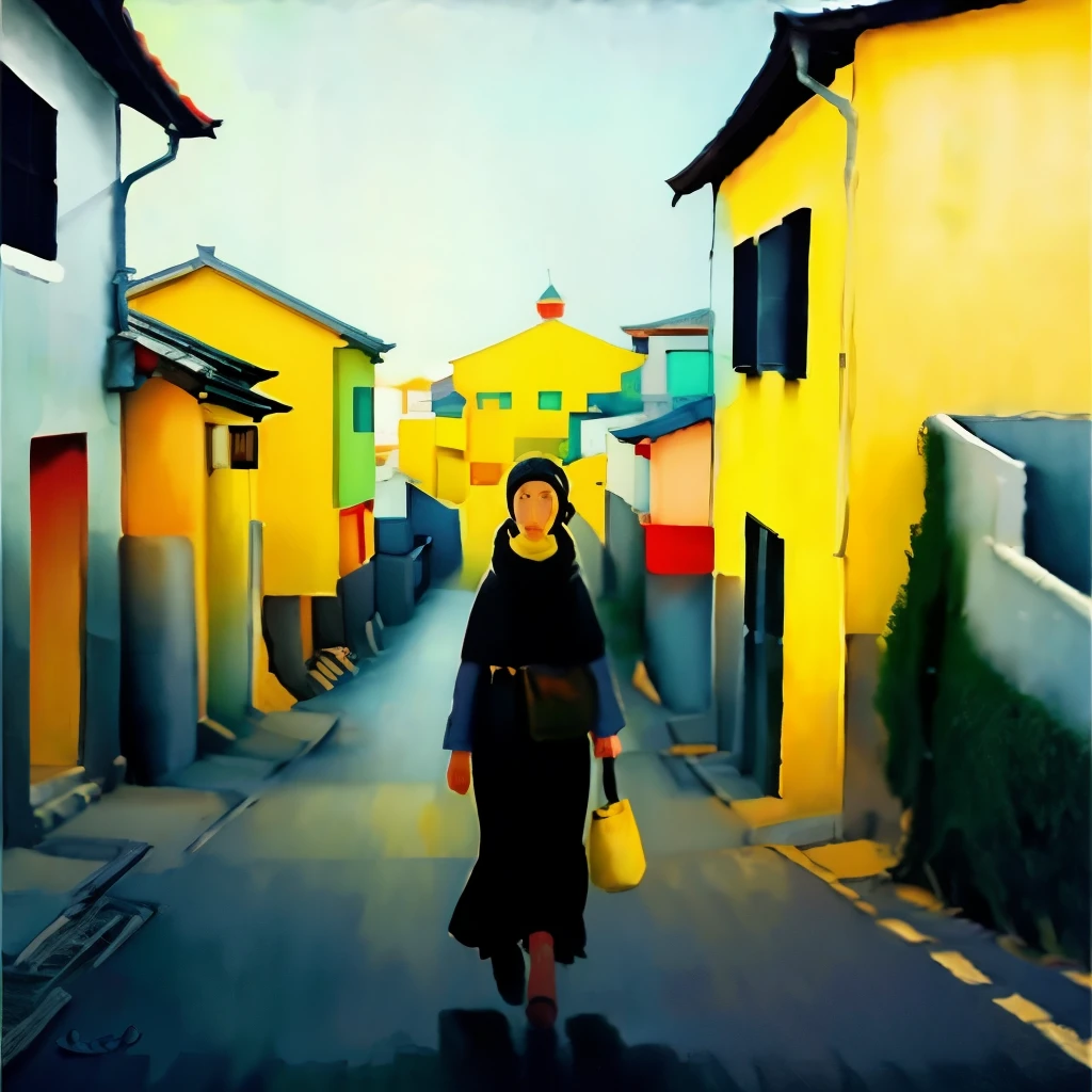 Woman walking in the yellow city、Can be viewed