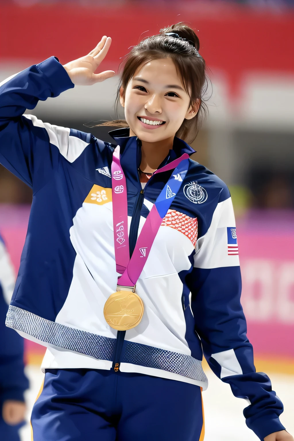 score_9, score_8_up, score_7_up, woman, holding medal, biting Olympic medal, <lora:olimedbitepxl:0.9>, olimedbitepxl, 1girl, closeup, white track suit, Chinese, focus on face, best quality, masterpiece,