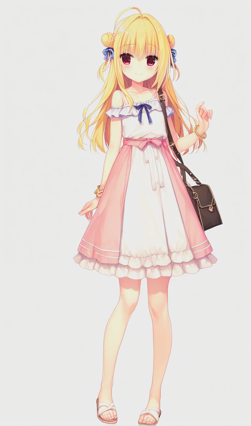 1girl,hiyori-default,red eyes,blonde hair, double bun,ahoge, long hair, Pastel gingham check camisole dress, white flat sandals, simple gold bracelet, ribbon scrunchie, mini shoulder bag, crossbody type, sensitive,questionable,explicit, smiling, standing, One person、Uplifting