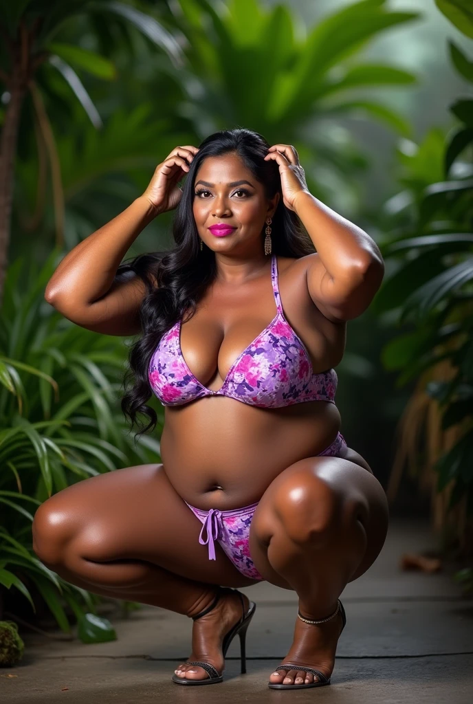 DARK SKIN, KERALA WOMAN, 26 YEARS OLD, NAVEL, VOLUPTUOUS, CLEAVAGE, CHUBBY, PLUMP, PLUMP BELLY, MULTI COLOUR BRA, FLORAL LONG MAXI SARONG, LOVE HANDLES, FIELDS BACKGROUND, WET, HANDS ON HIPS, EVENING, SHADE, RAIN, CLOUDY, ULTRA REALISTIC, PHOTOGRAPHY, LOOKING DOWN