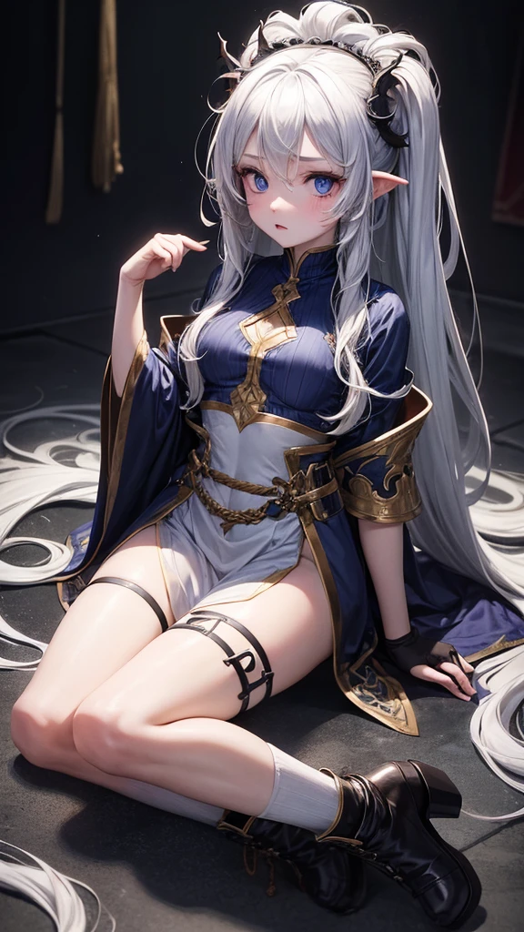 full bodyesbian,The barefoot,Be on one's high horse,girl,deep dark background,Long gray hair,Elaborate Eyes,Gradient color eyes,glowing eyelashes,Rune paper,Pharaoh,By bangs,Be red in the face,runic