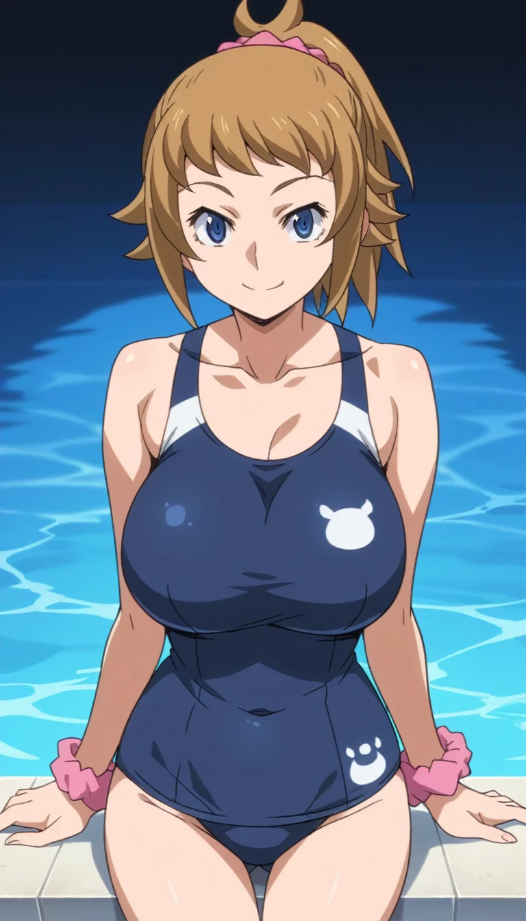 Score 9, Score 8 up, Score 7 up, The evaluation is questionable,
Detailed Background, Glowing Skin,Fumina Hoshino, Fumina Hoshino, blue eyes, Brown Hair, ponytail, Scrunchie, Sexy pose,Are standing,Enormous Breasts,Not enough people,whole body,thin,smile,from the front,Daytime,In the pool,Anime Style,high quality,masterpiece,Very detailed,Japanese,School Swimsuit