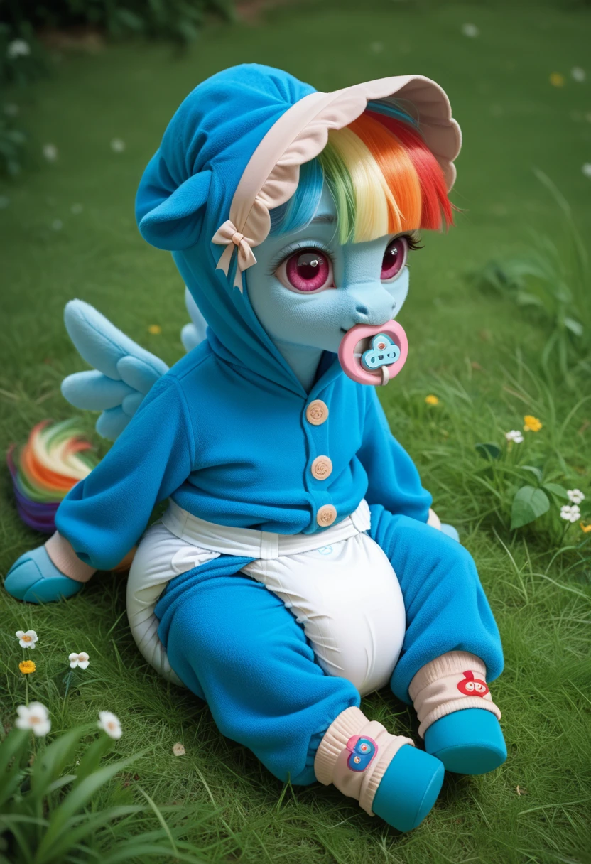 blue pony pegasus alone, blue wool, adult filly, rainbow mane, gathered in a bonnet, rainbow tail, cherry eyes, sitting outside on the grass, dressed in a onesie with holes for wings and booties, pacifier in mouth, solo, thick diaper under clothes.