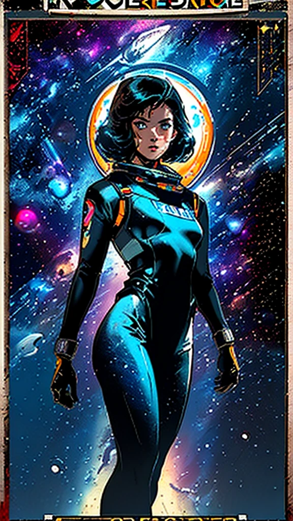 sci-fi artwork, beautiful lighting, hires scan, rear angle, highly detailed illustration of a (woman astronaut with big ass wearing skintight orange and white spacesuit with futuristic helmet), standing with her back turned towards viewer, on a complex alien planet with ancient alien structures and hieroglyphic projects, from behind, [bold|bright] colors, dynamic composition,  linear, foot prints in soil, establishing shot, Nasa punk \(genre\), panoramic, (full body:0.9), (by Philippe Druillet:1.1)